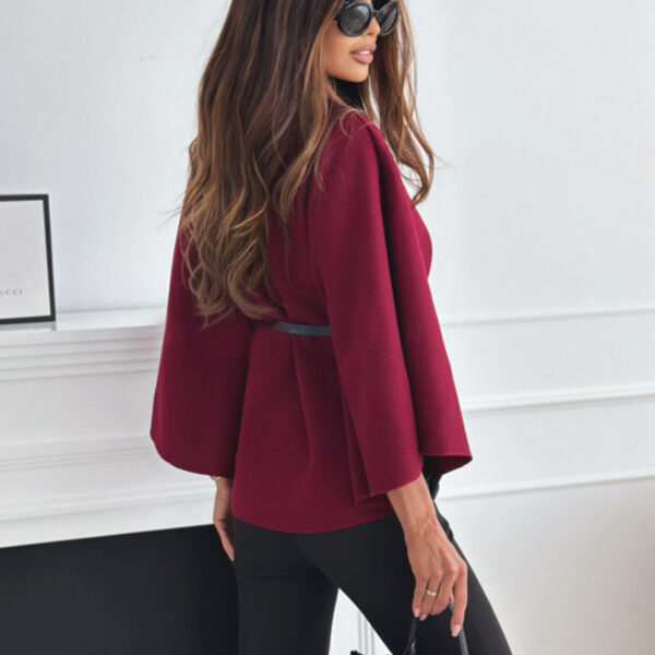 New Stand Collar Batwing Sleeves Cloak Top With Belt Ins Fashion Temperament Jacket Woolen Sweater Outwear For Women Clothing - Image 4